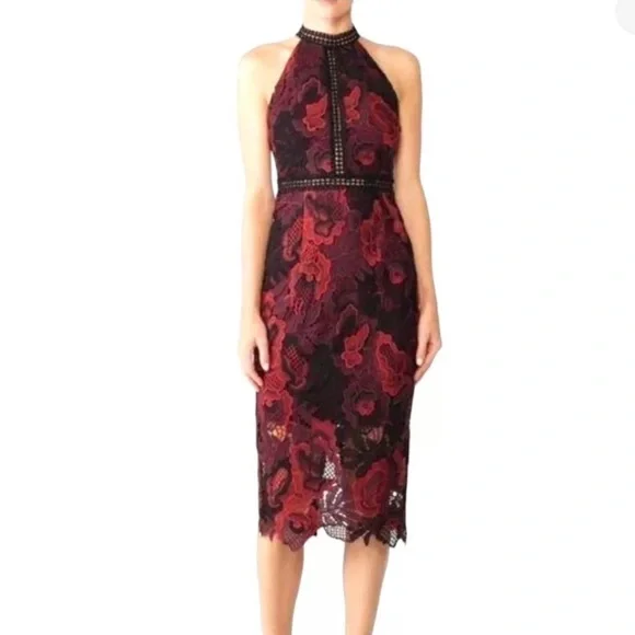 ALEXIA ADMOR Mock Neck Lace Halter Women's Dress Burgundy Multi : MD